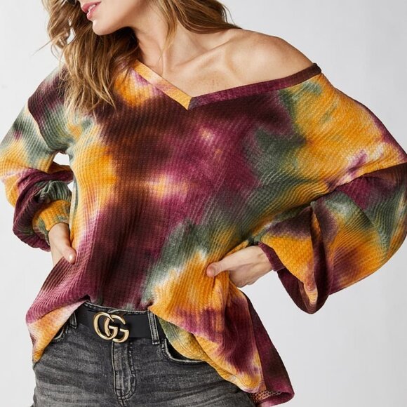 BIBI Tie Dye Waffle Knit Oversized Long Sleeve Shirt - Picture 11 of 16